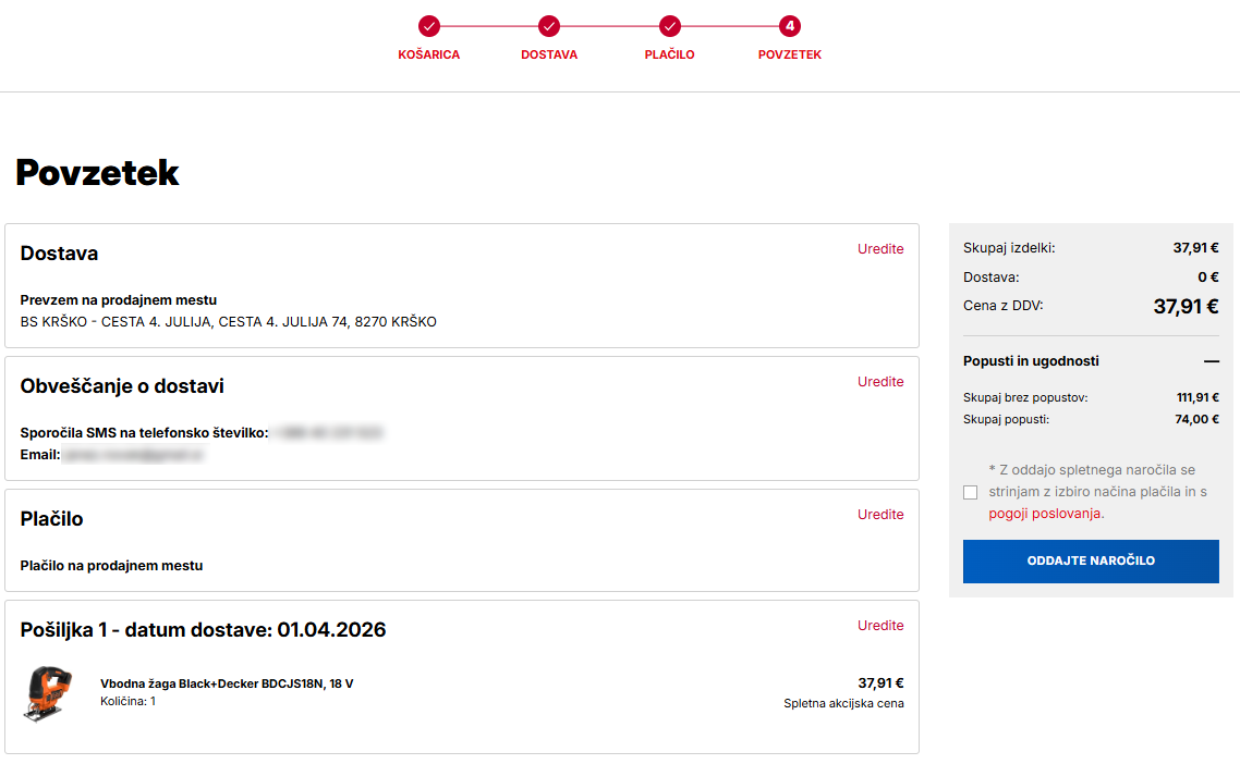Povzetek naročila v Petrol eShop za neprijavljenega uporabnika. Prikazan je prevzem na prodajnem mestu BS Krško, obveščanje prek SMS in e-pošte ter izbran način plačila ob prevzemu. Naveden je izdelek vbodna žaga Black+Decker BDCJS18N, količina 1, cena 37,91 € in datum dostave 01.04.2026. Gumb »Oddajte naročilo« za zaključek nakupa.